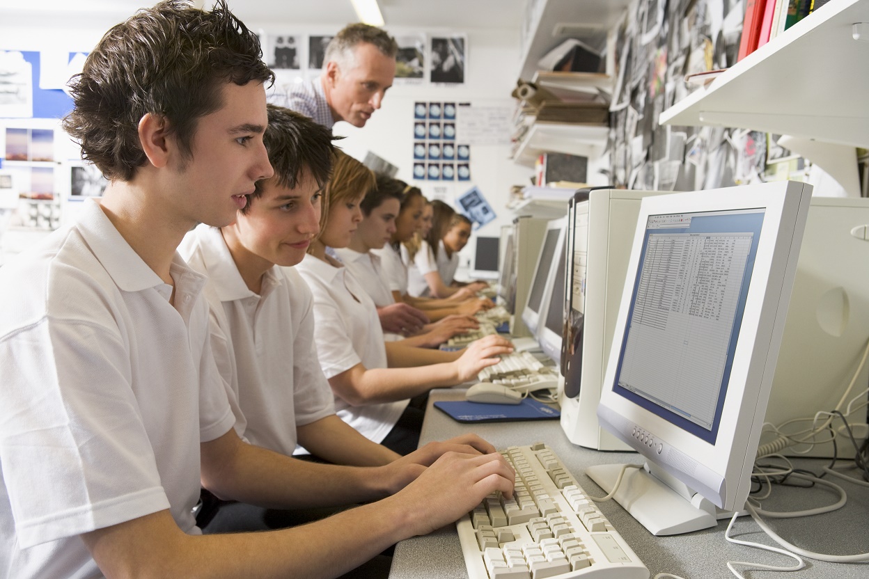 Row of schoolchildren studying in front of a computer